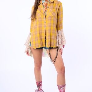 Aratta Wild West Yellow Plaid Shirt with Lace Accents
